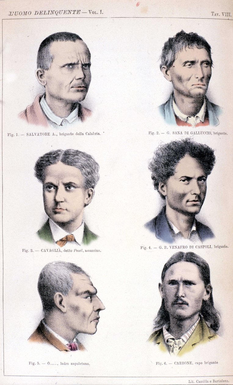 Diferentes tipos de criminosos representados no estudo de criminologia "O homem criminoso" (L