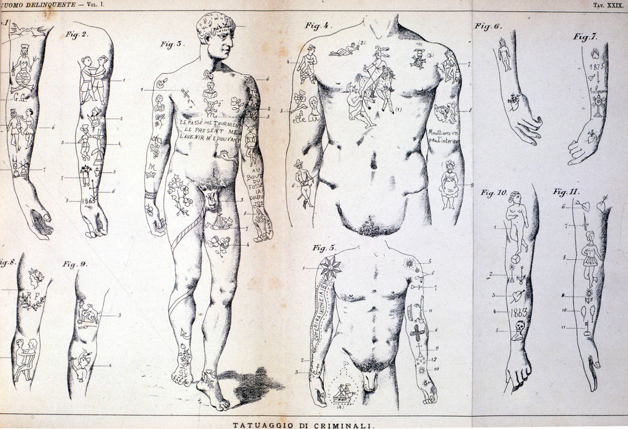 Diferentes tipos de tatuagens de criminosos: quadro ilustrado em "O homem criminoso" (L