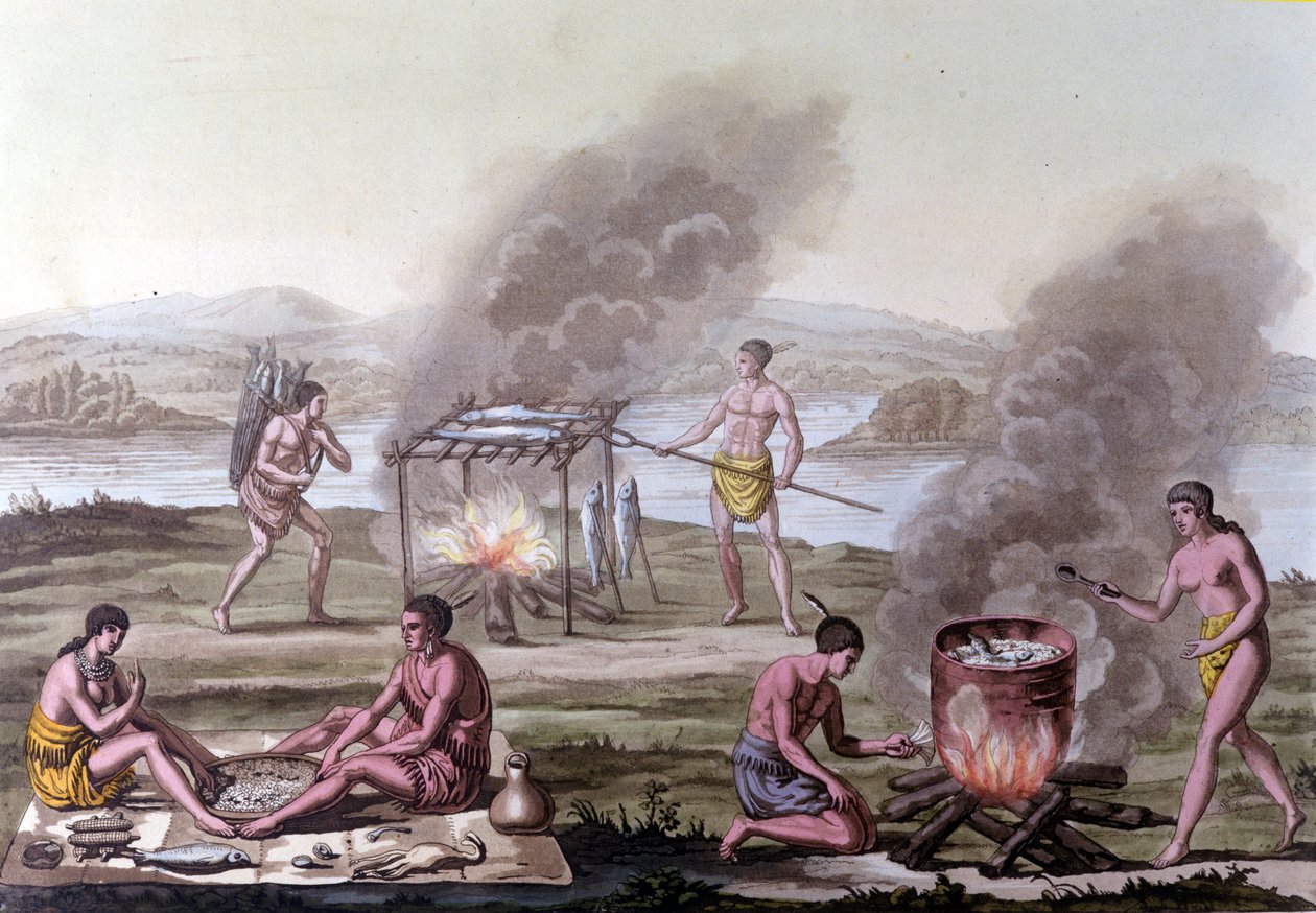 Cena de jantar e cozinha entre os índios da Flórida. Gravura do século XVII. de Unknown artist