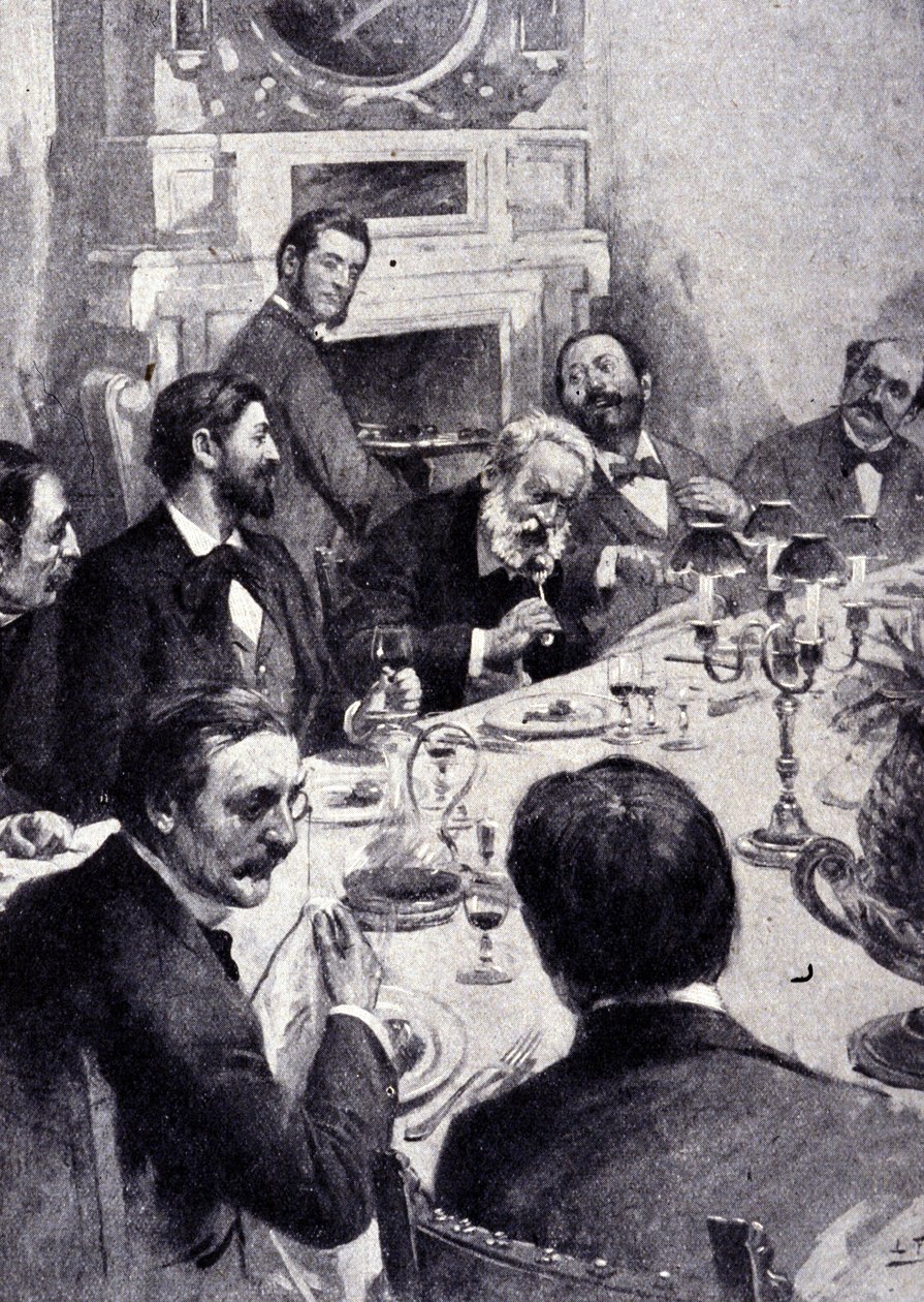 Jantar à mesa por Victor Hugo com Jean Mounet Sully (Mounet-Sully) (1841 - 1916), ator francês. Gravura do século XIX. de Unknown artist