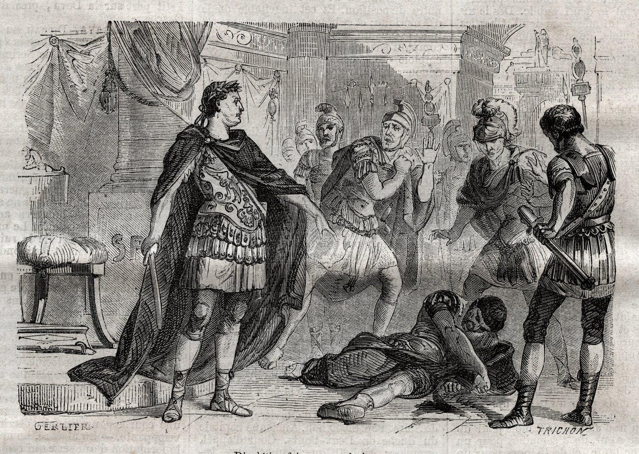 Diocleciano (Caius Aurelius Valerius Diocletianus Augustus) (244-311) morrendo Lucius Flavius Aer - gravado em "Dictionnaire populaire illustrious" - 1864 - por Joseph December e Edmond Allonier - de Unknown artist
