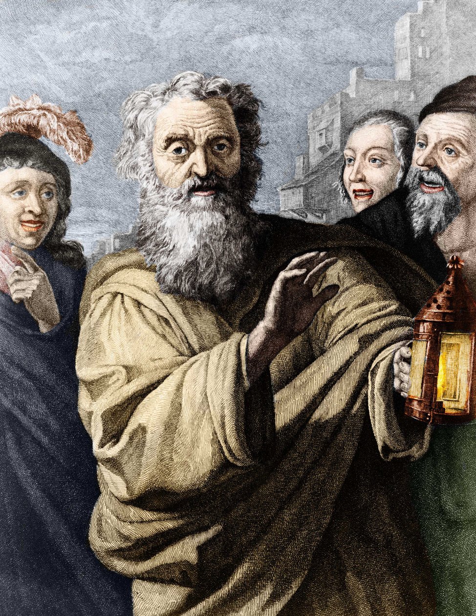 Diógenes (filósofo cínico) e sua lanterna, com a qual ele procurava um homem honesto. Gravura do século XIX. de Unknown artist