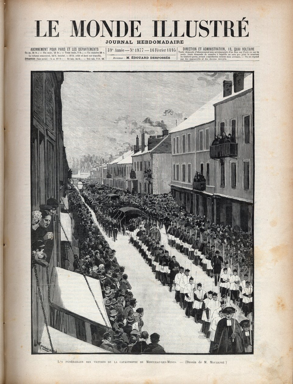 Desastre do poço Sainte Eugenie - O funeral das vítimas do desastre de Montceau les Mines (Montceau-les-Mines) na Borgonha - Gravura em "Le monde illustrious" de 1895 de Unknown artist