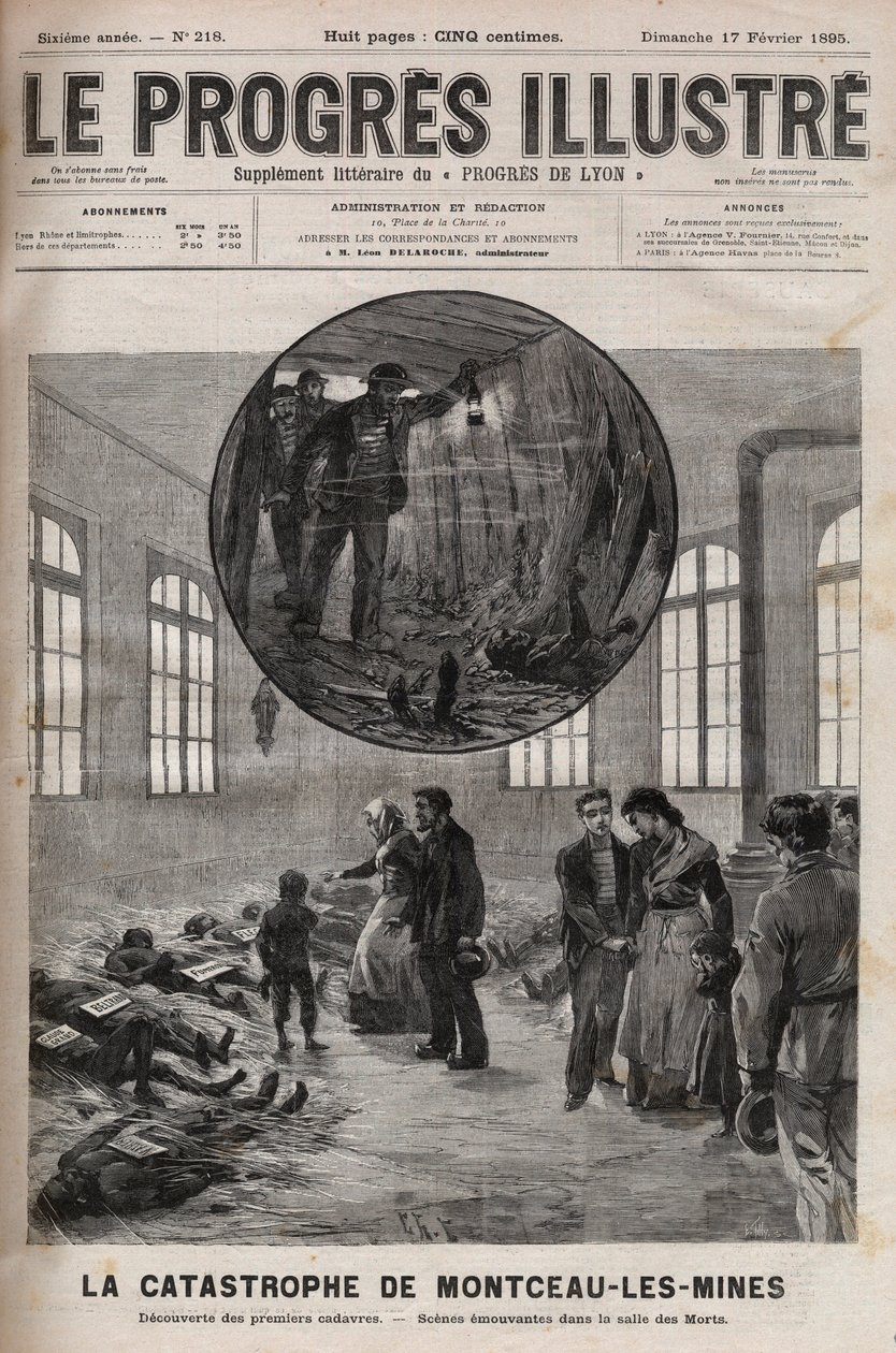 Desastre do poço Sainte Eugenie ou desastre de Montceau les Mines (Montceau-les-Mines) na Borgonha em 1895 - gravação em "Le Progres illustrious" de 1895 de Unknown artist