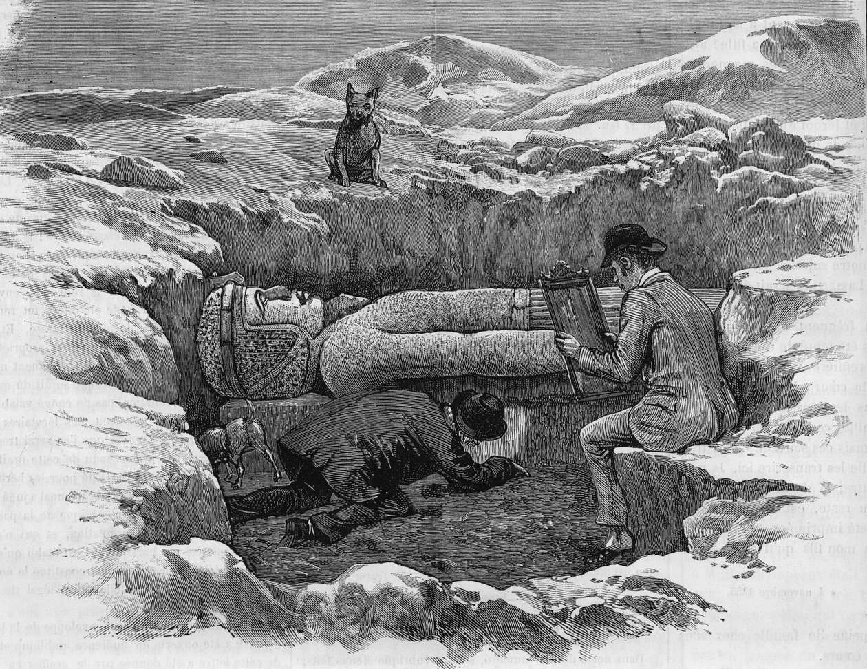 Descobriu a estátua colossal de Rhamses II. Os hieróglifos são calculados usando um espelho de reflexão. Gravura a partir de 1886. de Unknown artist