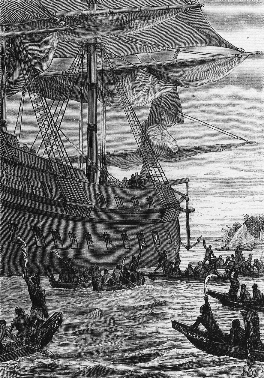 Discovery des Indes: viagem de Wallis no Pacífico; povos indígenas indo ao encontro dos Colons - em "Les Voyageurs du 18eme et 19eme ecle", de Jules Verne, ed. Hetzel et Cie, Paris. de Unknown artist
