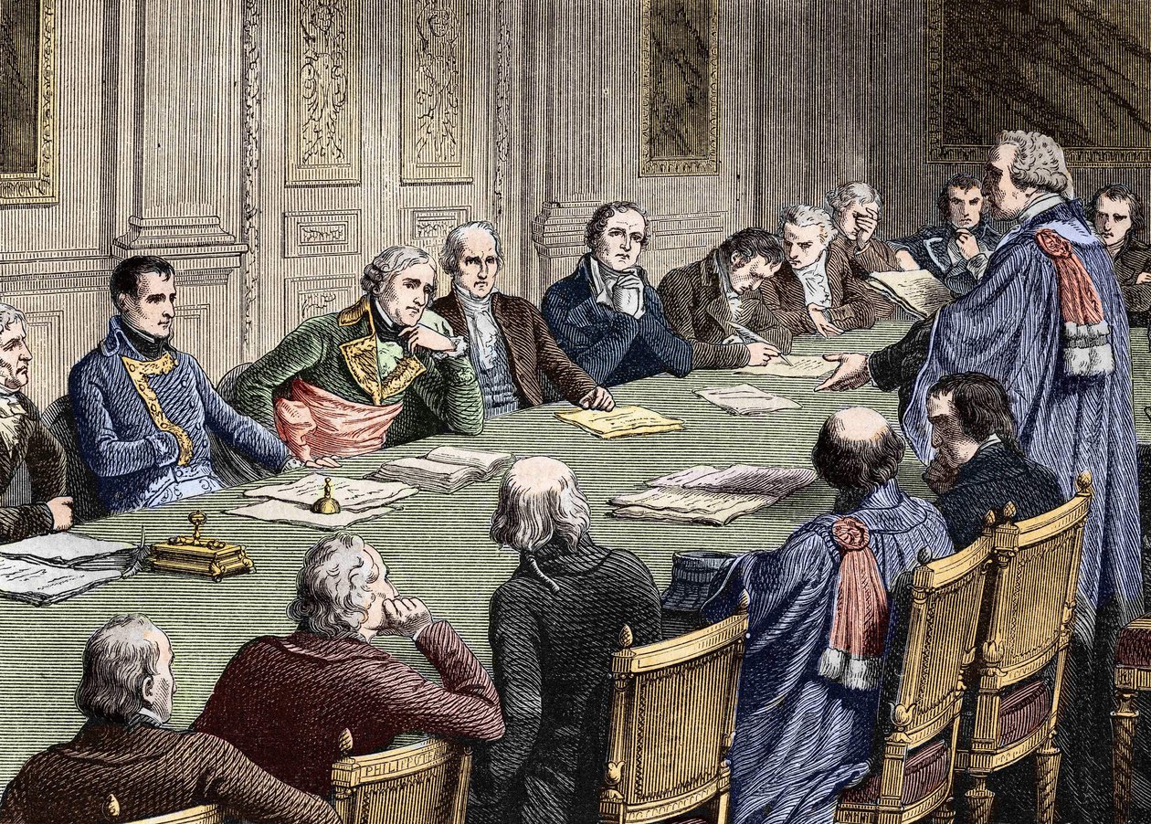 Discussão do Código Civil no Conselho de Estado (1800-1804), sob a presidência do primeiro cônsul, Napoleão Bonaparte tem à sua esquerda Jean Jacques Regis de Cambaceres. Gravura do século XIX. de Unknown artist