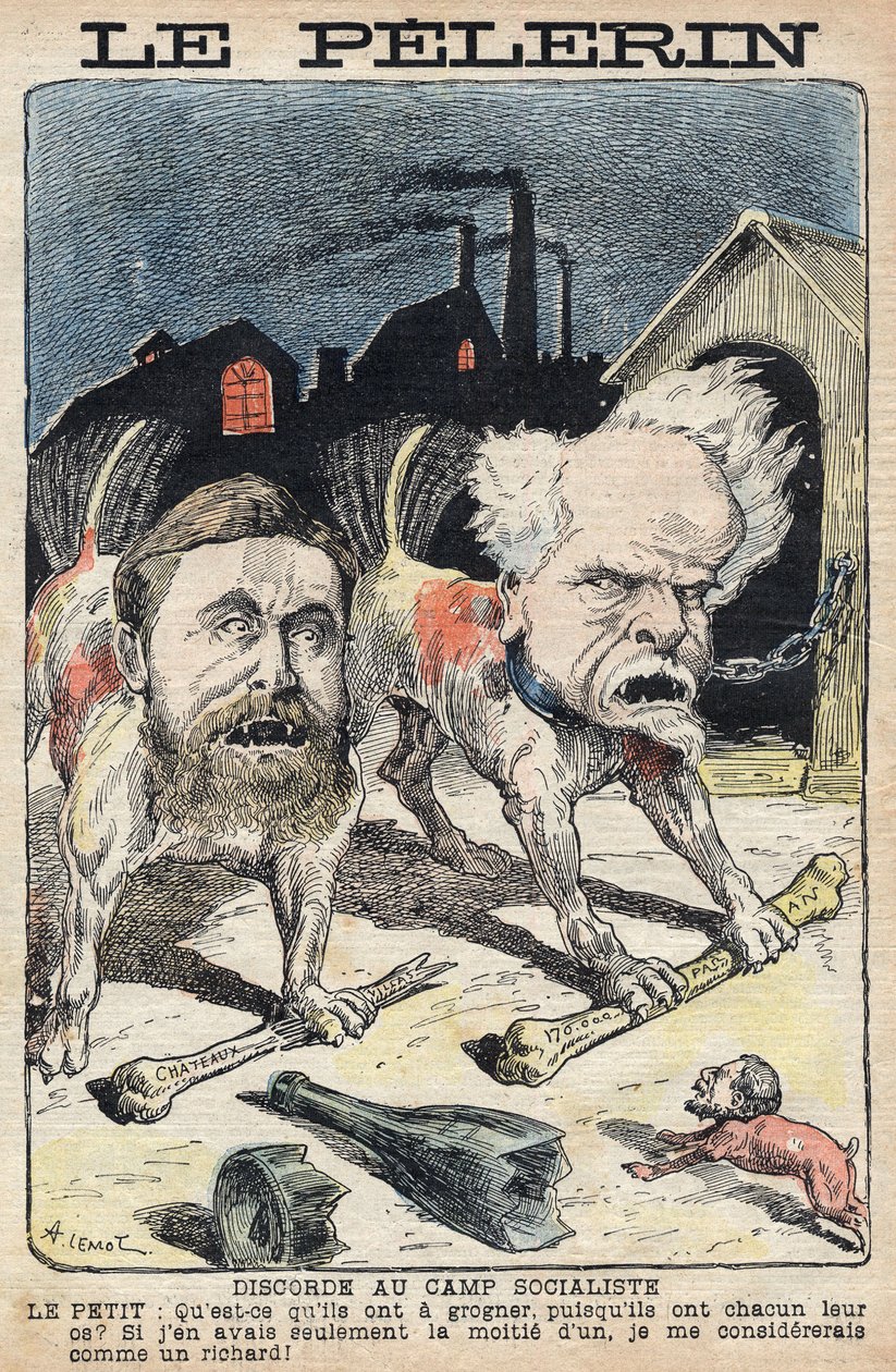 Disputas entre os socialistas Jean Jaures (1859-1914) (esquerda) e Henri Rochefort (1831-1913) (direita). Ilustração em "Le Pelerin" de 19 de junho de 1898. de Unknown artist