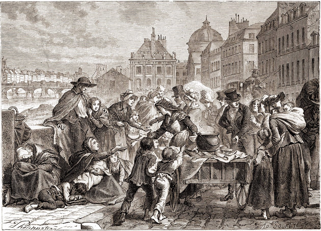Distribuição de alimentos a camponeses famintos por volta de 1820 - em "L
