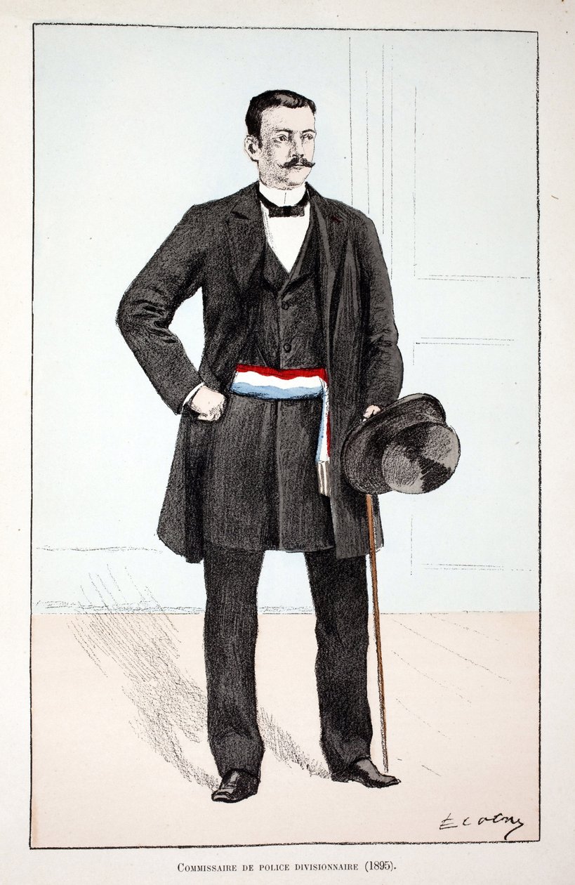 Comissário da Divisão de Polícia (1896). Gravura colorida, para ilustração do livro "Histoire du corps des gardiens de la paix" publicado sob os auspícios de Louis Lepine (1846-1933) prefet de police de la Seine, de Alfred Rey (1864-?) e Louis Fer de Unknown artist