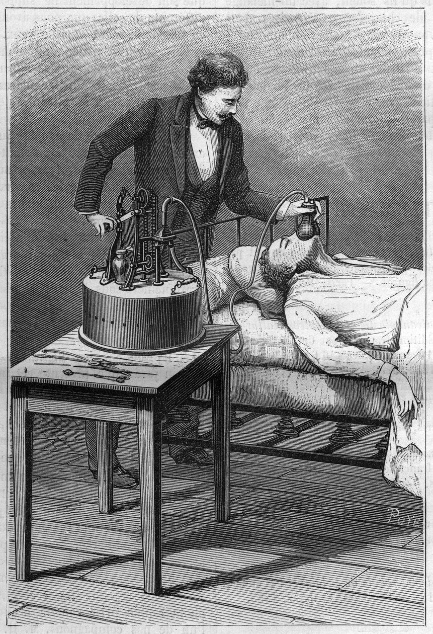 Aparelho do Doutor Dubois para anestesia pelas misturas título de clorofórmio e ar (Método de Paul Bert). Gravura a partir de 1885. de Unknown artist