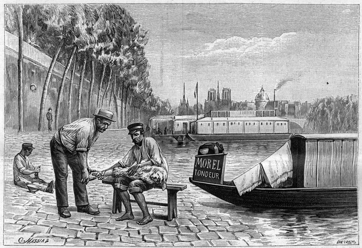 Corte de cães perto da ponte de Solferino em Paris - gravura em "La nature" de 1892. de Unknown artist