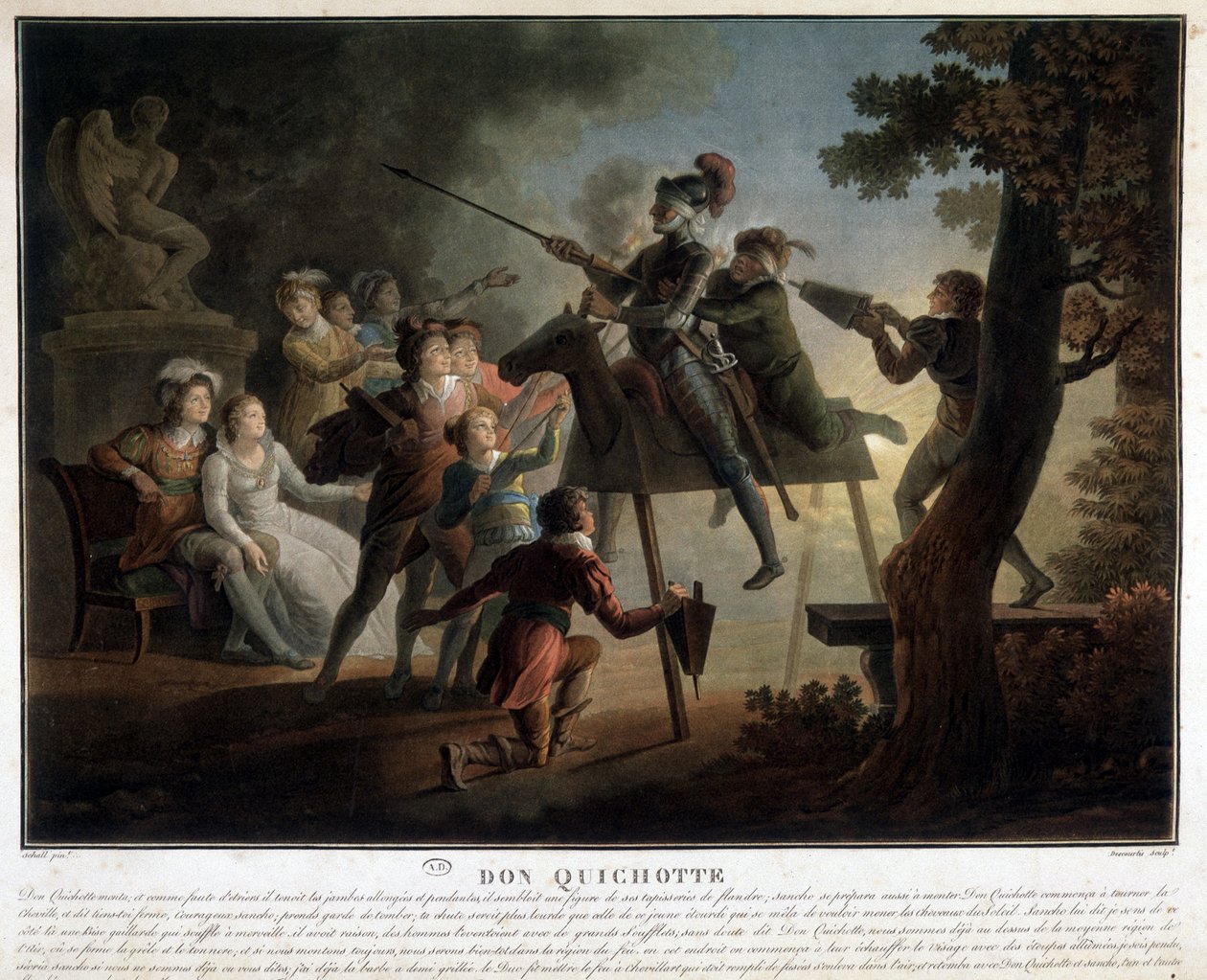 Dom Quixote e Sancho em um cavalo de madeira. de Unknown artist