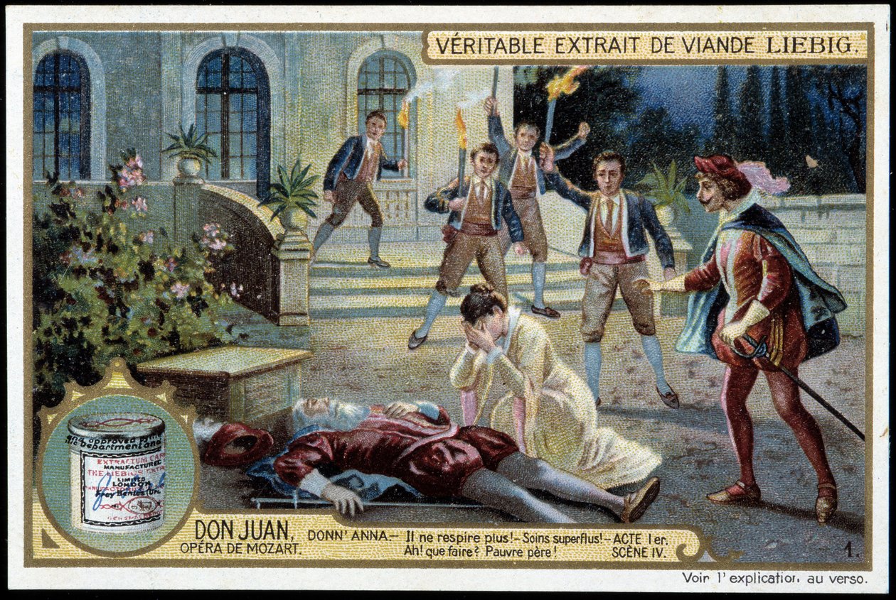 Donna Anna descobre seu pai morto - "Ele não está mais respirando! Cuidado supérfluo! O que fazer? Pobre pai! - Acto I, cena 4 de Don Juan (Don Giovanni), ópera de Mozart (1756-1791) - Cromolitografia de Liebig de Unknown artist