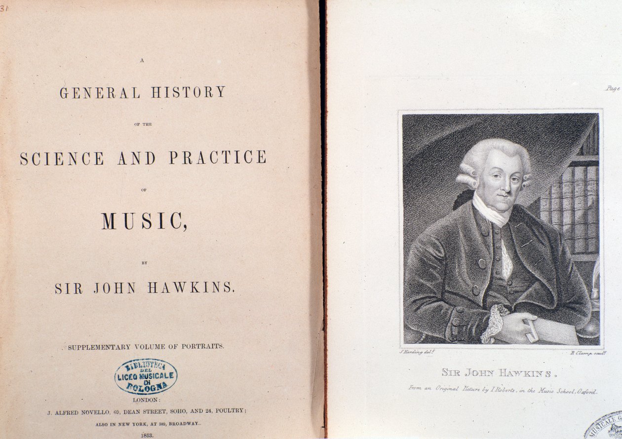 Página dupla e frontispício da História Geral da Ciência e Prática da Música por John Hawkins de Unknown artist