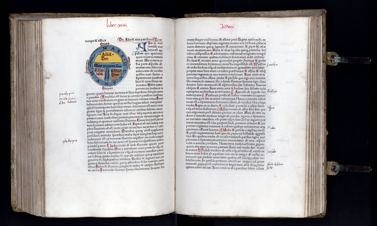 Página dupla com o mapa esquemático do mundo no modelo T-O (T O), estão representados três continentes (Ásia, África e Europa). Manuscrito "Etimologias" (Etymologiae) por Isidorus (Isidore de sevilha) (560/570-636) Século XII. 1472 de Unknown artist