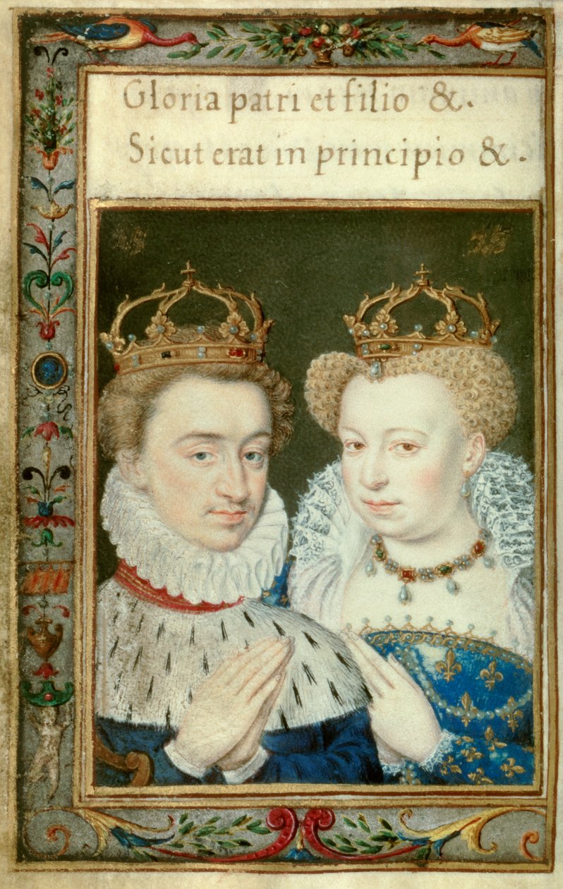 Retrato duplo de Henrique IV rei de França (1553-1610) e Marguerite de Valois (1553 - 1615) conhecida como Rainha Margot. Miniatura do livro de horas de Catarina de Medicis (Caterina de Medici) de Unknown artist