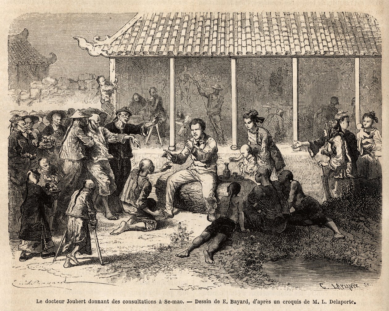 Dr. Joubert dando consultas em Se-Mao (Se Mao) (China), depois de curar um soldado gravemente ferido, toda a população da cidade invade o pátio do alojamento da equipe de exploração na esperança de receber tratamento, a maioria deles sofrendo de de Unknown artist