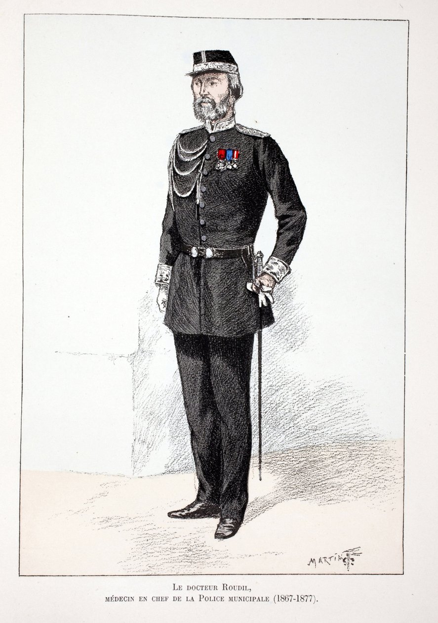Dr. Roudil, médico-chefe da polícia municipal (1867-1877). Gravura colorida, para ilustração do livro "Histoire du corps des gardiens de la paix" publicado sob os auspícios de Louis Lepine (1846-1933) prefet de police de la Seine, de A de Unknown artist