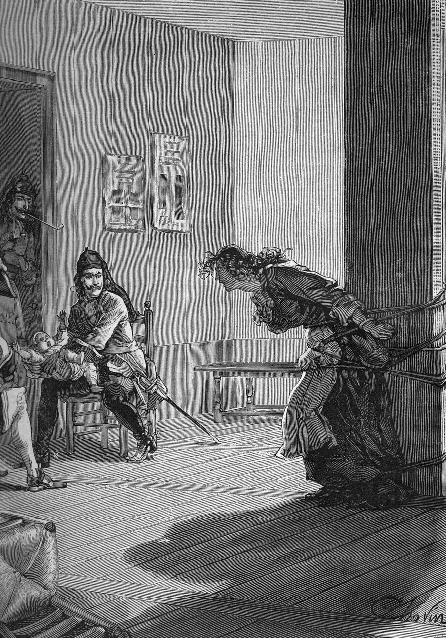Dragonnades (1685-1686) - tortura de uma família protestante: soldados do rei, dragões, segurando um bebê enquanto sua mãe está presa a um poste. Gravura do século XIX. Em "Histoire de France", de Jules Michelet de Unknown artist