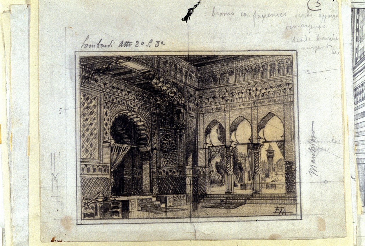 Desenho para o cenário da Cena 3 do Acto II da ópera "I Lombardi" ou "Os Lombardos na Primeira Cruzada" composta por Giuseppe Verdi (1813 - 1901) em 1843. de Unknown artist