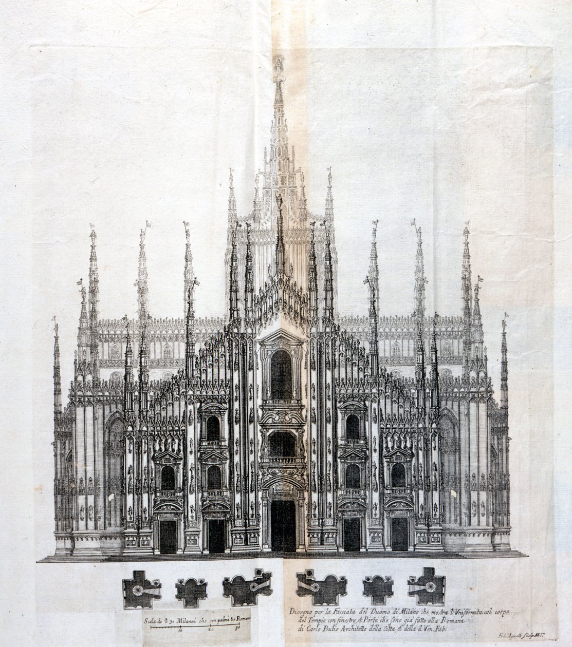 Desenho da fachada do Duomo de Milão mostrando a sua uniformidade com o corpo do edifício. Muitos projetos arquitetônicos foram projetados por volta do século XVII para completar a fachada que havia ficado inacabada. de Unknown artist
