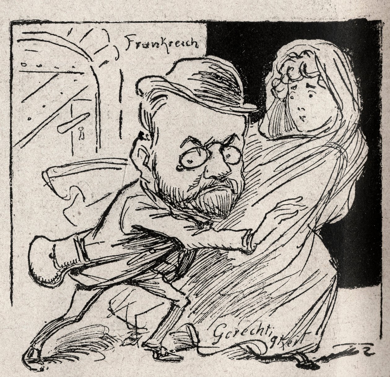 Caso Dreyfus - Emile Zola tem Justiça: venha comigo, meu tesouro, aqui não queremos mais nos ouvir - Desenho publicado no jornal austríaco "Der Floh" em 1898 (reproduzido em Le Rire de Unknown artist