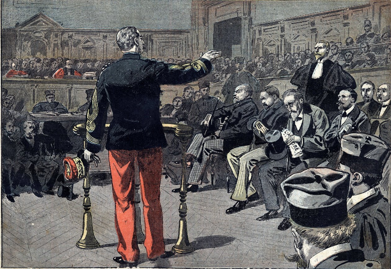 Caso Dreyfus - Procesos de Emile Zola - 1898: O General Auguste Mercier (1833-1921) responde perguntas de Fernand Labori (1860-1917), advogado do escritor Emile Zola (1840-1902). Também estão representados o presidente do tribunal Albert Delegorgue, o Sr.  de Unknown artist