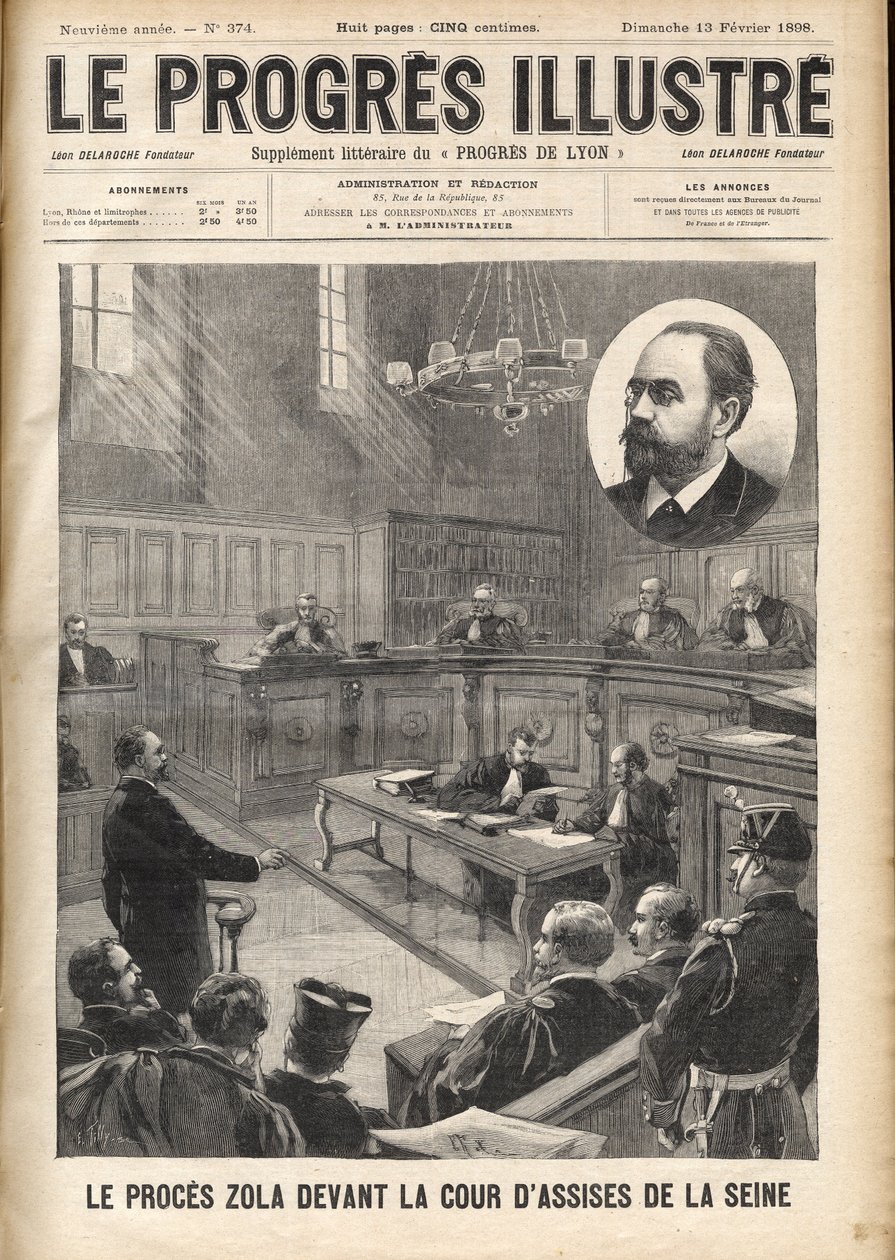 O caso Dreyfus: Emile Zola (1840-1902) no tribunal de seine para o julgamento de Alfred Dreyfus de Unknown artist