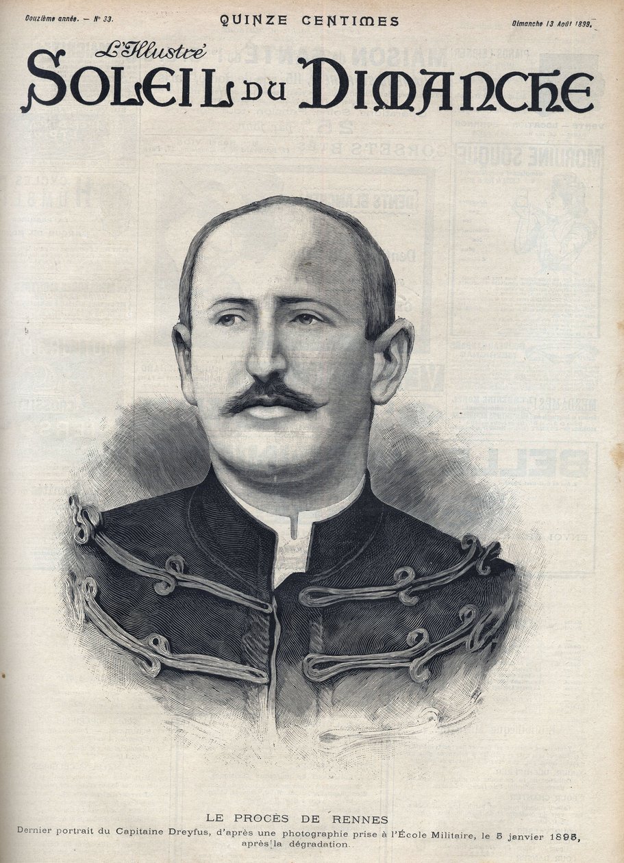 Caso Dreyfus: retrato de Alfred Dreyfus (1859-1935) após a sua degradação durante o julgamento de Rennes. Gravura em "Le sun-du-dimanche", 13 de agosto de Unknown artist