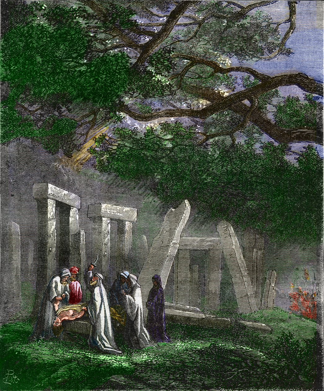 Druidas praticando um sacrifício humano em Stonehenge parados pelos soldados romanos - Sacrifício humano pelos druidas um Stonehenge parado pelos soldados romanos durante o ritual - Gravura colorida do século XIX de Unknown artist