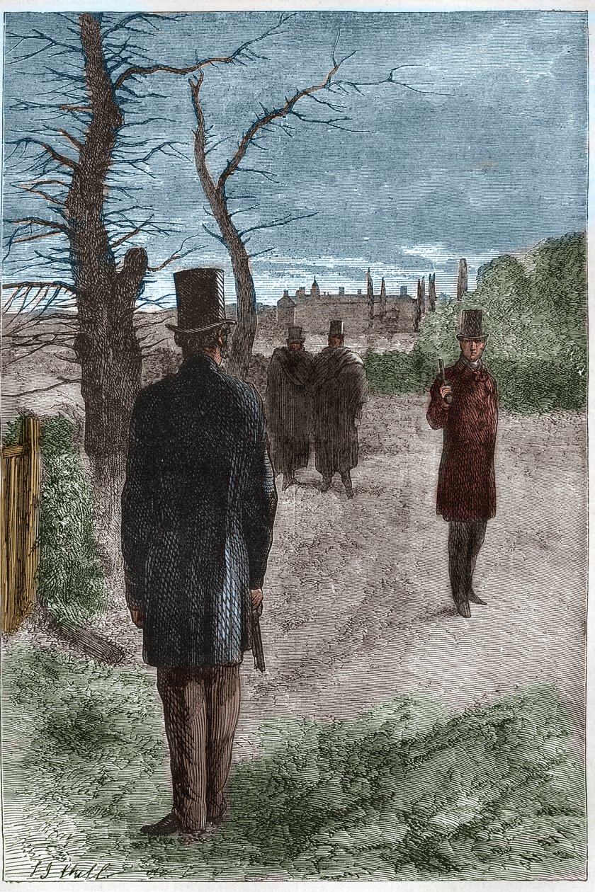 Duelo entre George William Finch-Hatton (Finch Hatton), Conde de Winchilsea (1791-1858) e Arthur Wellesley, Duque de Wellington (1769-1852) em Battersea Fields, em 21 de Março de 1829 de Unknown artist