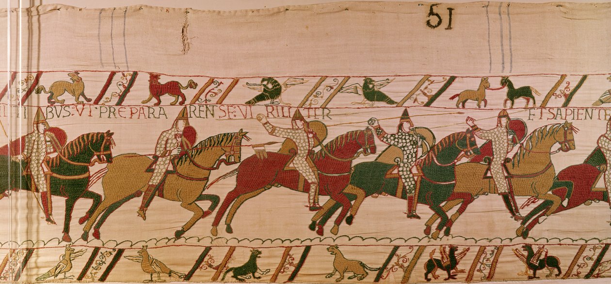 O duque William exorta suas tropas a se prepararem sabiamente como homens para a batalha contra o exército inglês, Tapeçaria de Bayeux (bordado de lã em linho) de Unknown artist