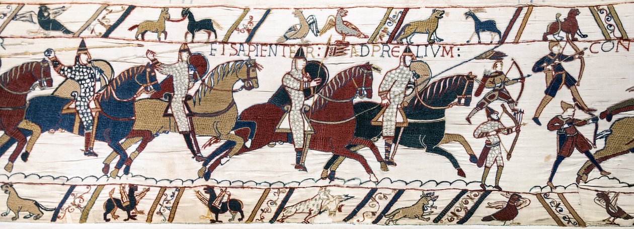 O Duque William encoraja as suas tropas a prepararem-se para a batalha contra o exército inglês, Bayeux Tapestry (bordado de lã em linho) de Unknown artist