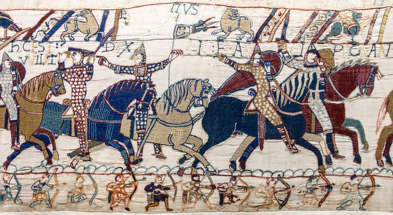 O Duque Guilherme mostra o rosto ao seu exército, Bayeux Tapestry (bordado de lã em linho) de Unknown artist