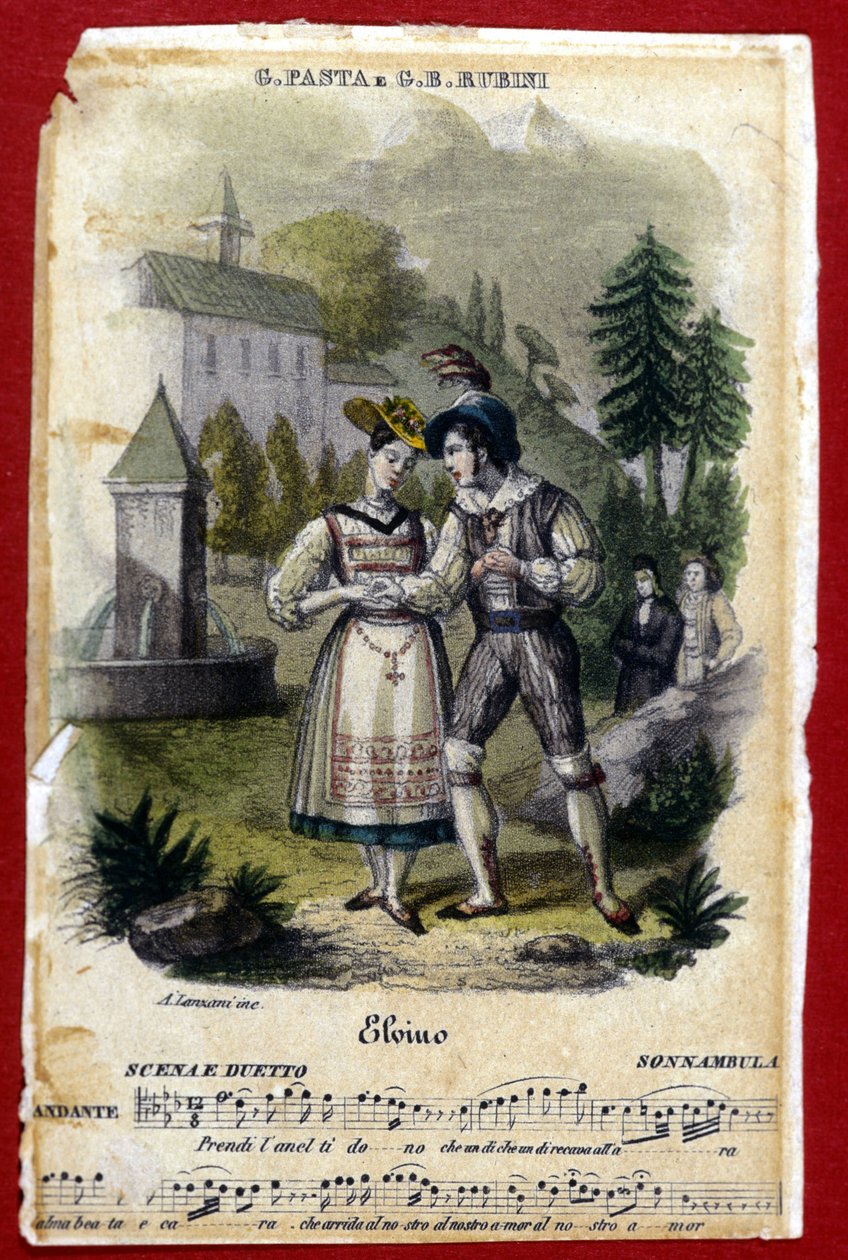 Duo entre Giuditta Pasta e Gian Battista Rubini na ópera "La somnambule" ("La Sonnambula") de Vincenzo Bellini. Teatro Carcano de Milão. 1831. de Unknown artist