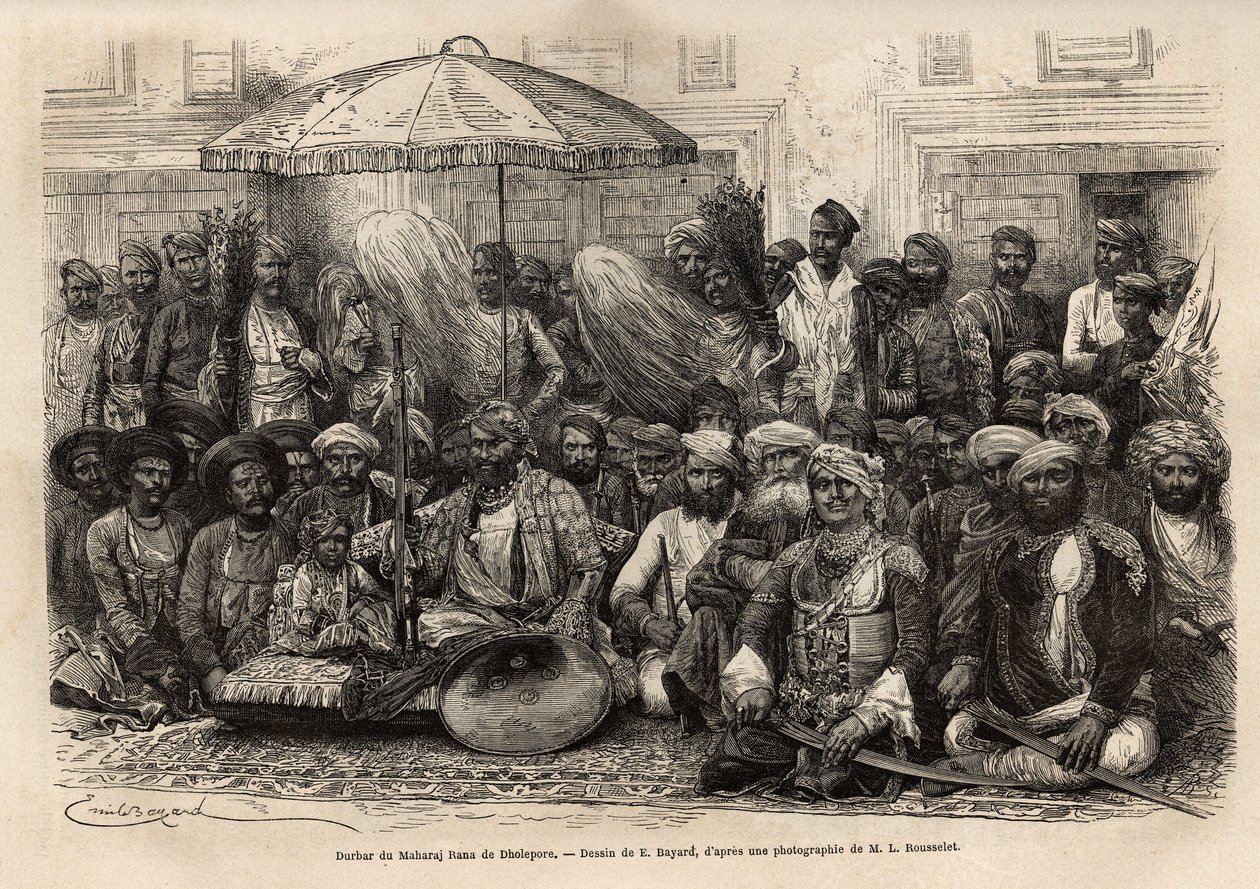 Durbar (conselho feodal e legal de um estado principesco) de Maharaja Rana, do reino de Dholepore (Rajasthan). Engravure pour illustrrer l