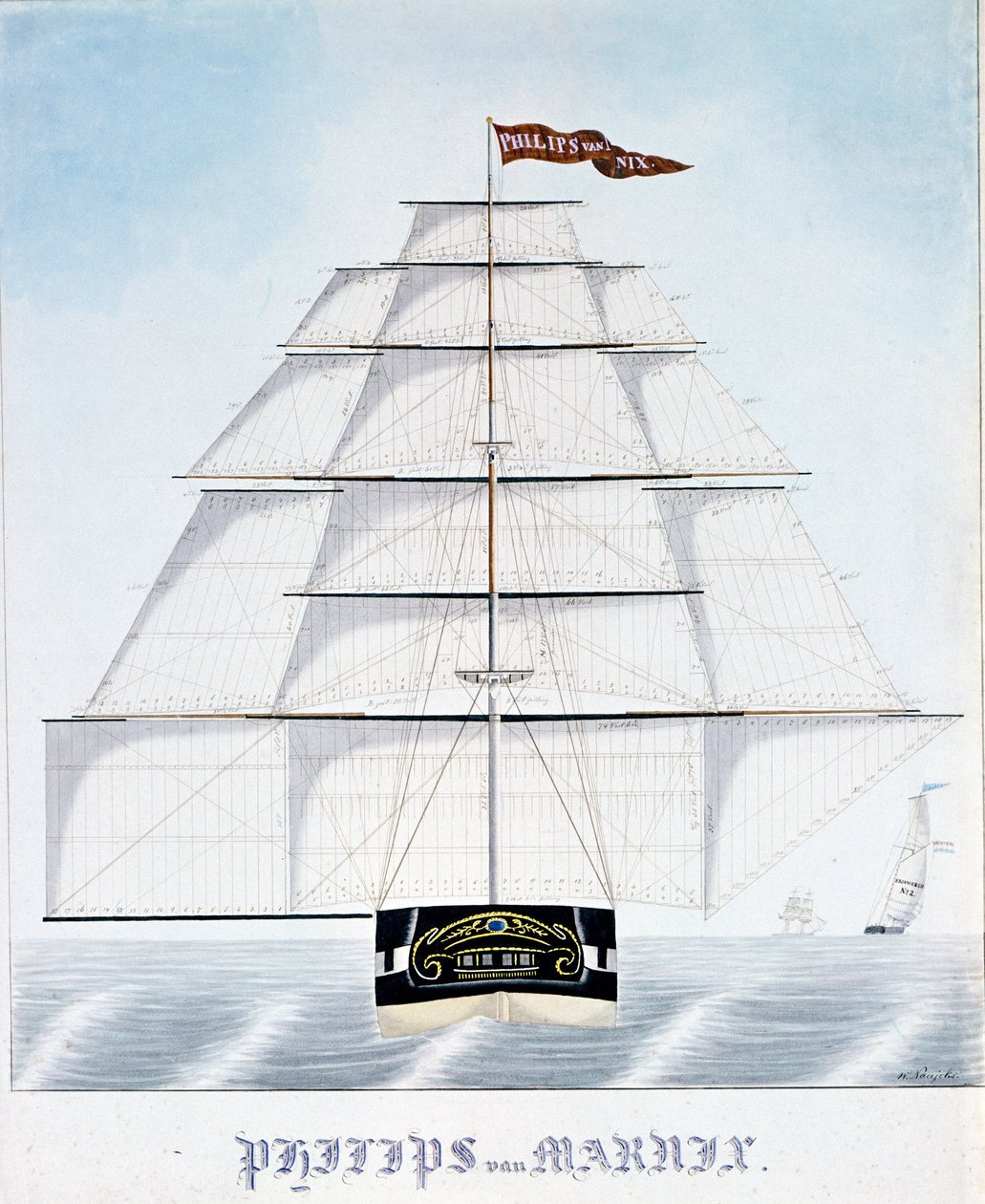 Clipper holandês Philip van Marnix equipa velas adicionais Ilustração por W. Naujoks. Século XIX de Unknown artist