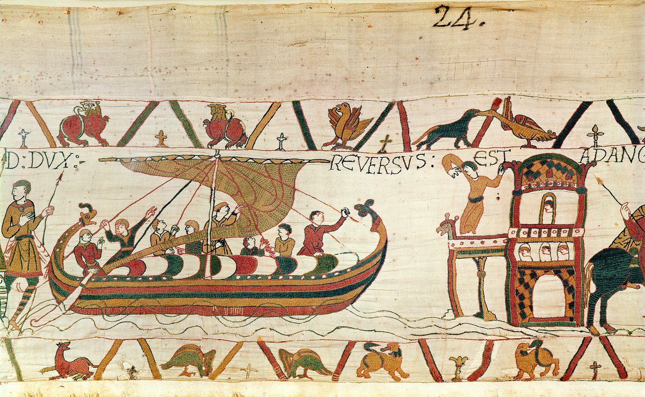 Earl Harold regressa a Inglaterra, Bayeux Tapestry (bordado de lã em linho) de Unknown artist