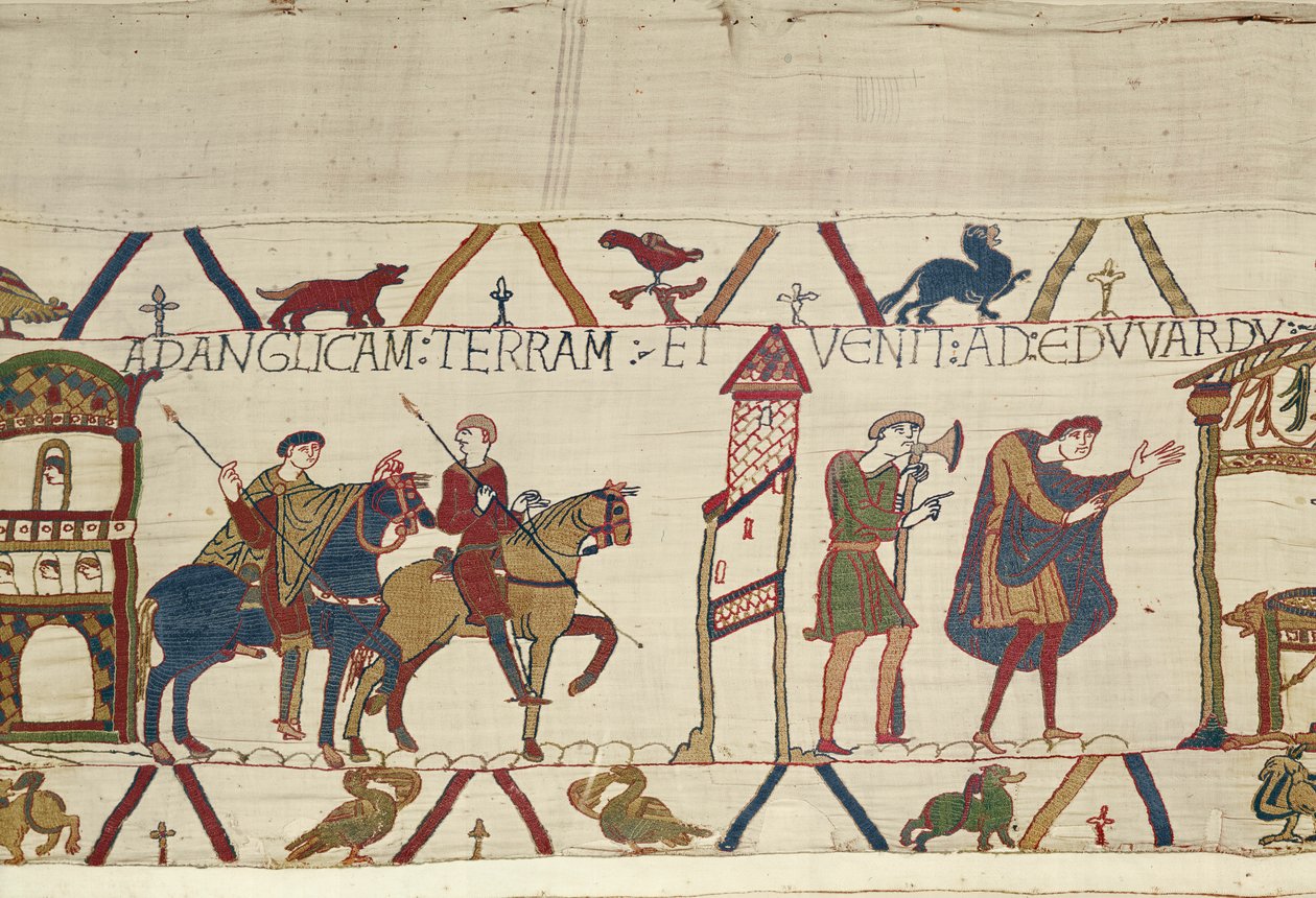 Earl Harold cavalga de Bosham a Londres, Bayeux Tapestry (bordado de lã em linho) de Unknown artist