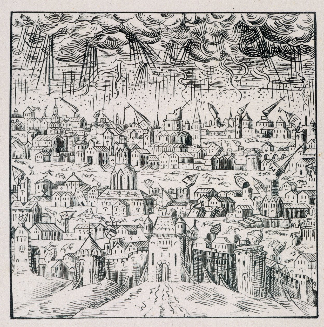 Terremoto em Baden - em "Coleção de 39 figuras representando as calamidades da França de 1562 a 1586"; impressão de Louis Perrin de Unknown artist