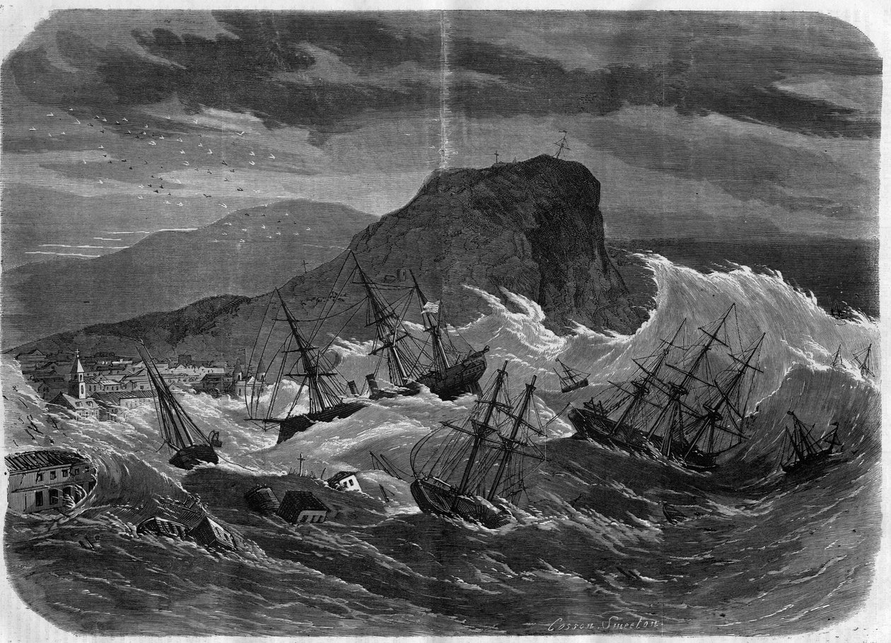 Terremoto do Peru: tsunami submerge a cidade de Arica em setembro de 1869 - Gravação no "Le Journal Illustré de Unknown artist
