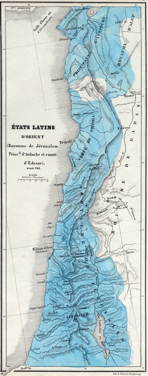 Estados do Leste Latino antes de 1144 - Reino de Jerusalém - Princípaut de Antioch - Conde de Edessa - Mapa preparado por M J-H Schnitzler, Atlas Histórico e Pitoresco 1858 de Unknown artist