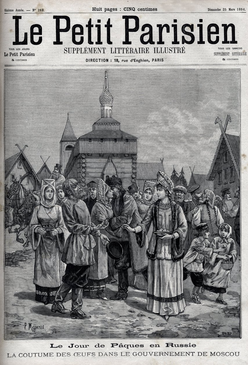 Dia de Páscoa na Rússia: o costume dos ovos no governo de Moscovo. Aparelhos dos habitantes oferecendo ovos vermelhos para celebrar a ressurreição de Cristo. Gravura em "Le Parisien". de Unknown artist
