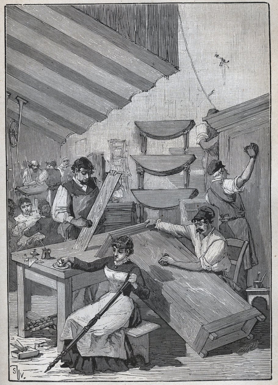 Ebenisterie: oficina de envernizamento de selos. Gravura de 1885 em "Les arts et metiers illustres" de Adolphe BITARD. de Unknown artist