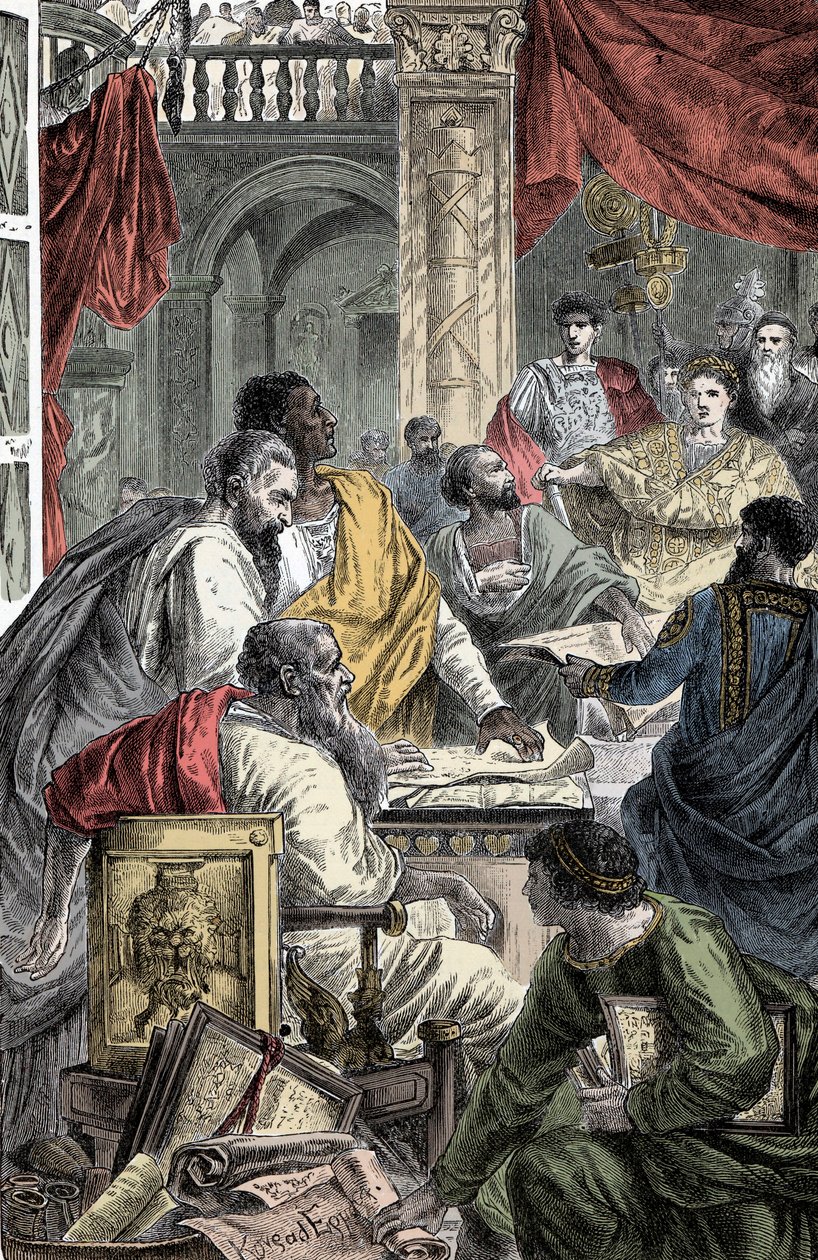 Conselho Ecumênico de Nicéia - Representação do Primeiro Conselho de Nicéia, Primeiro Conselho Ecumênico, em 325 AD. JC convocado pelo Imperador Constantino I. de Unknown artist