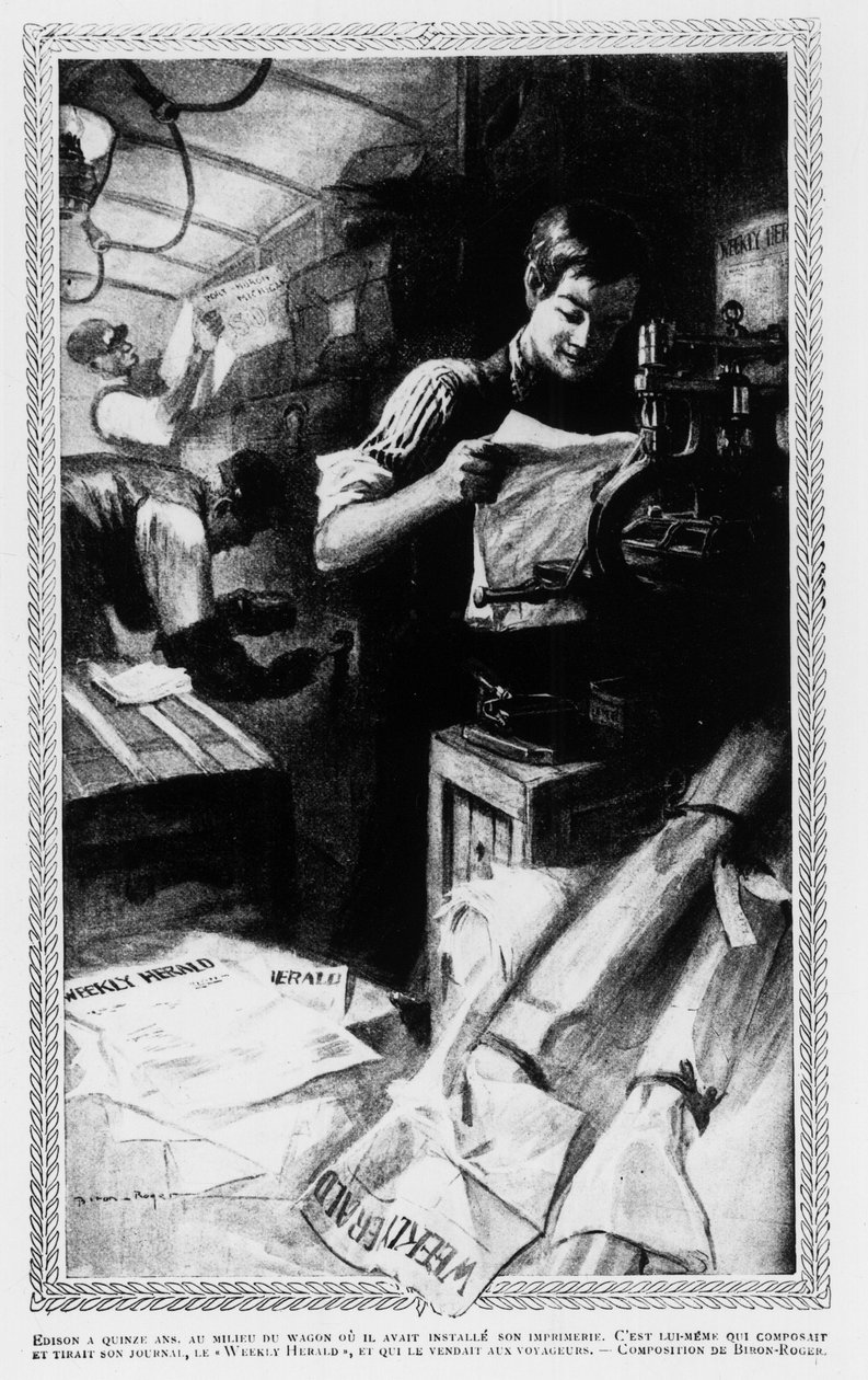 Edison, aos 15 anos, no meio do carro onde costumava instalar a sua tipografia. Ele escreveu e imprimiu seu jornal, o Weekly Herald, e o vendeu para os viajantes. de Unknown artist