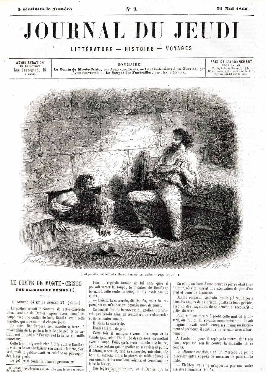 Edmond Dantes, o Conde de Monte Cristo (Monte Cristo) encontra Abbe Faria graças ao túnel oco da prisão - no "Le Journal du Thursdays" de 31/05/1860 de Unknown artist