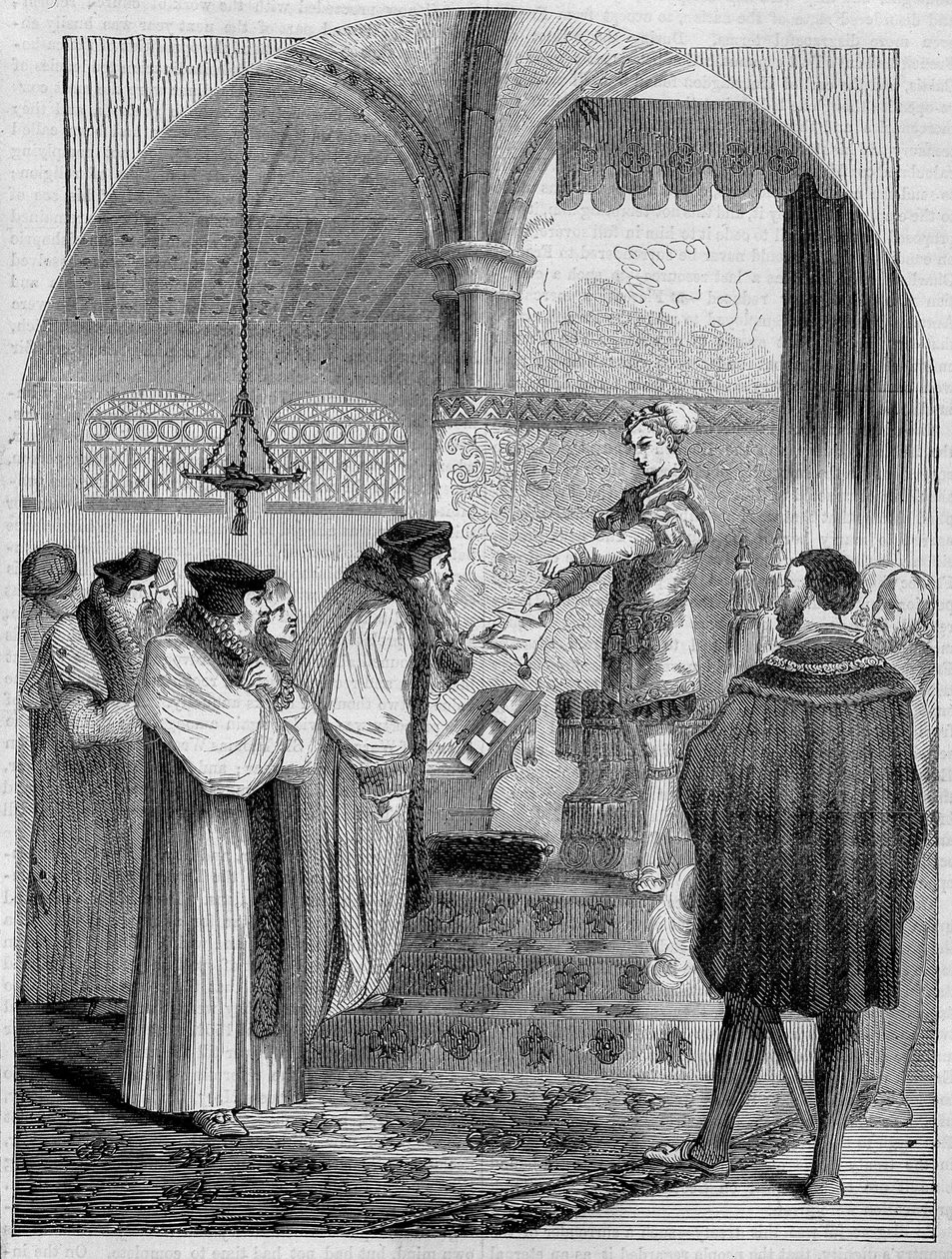 Eduardo VI (1547 -1553), Rei de Inglaterra, apresentando o certificado de Joan Bocher para Arcebispo Cranmer de Unknown artist