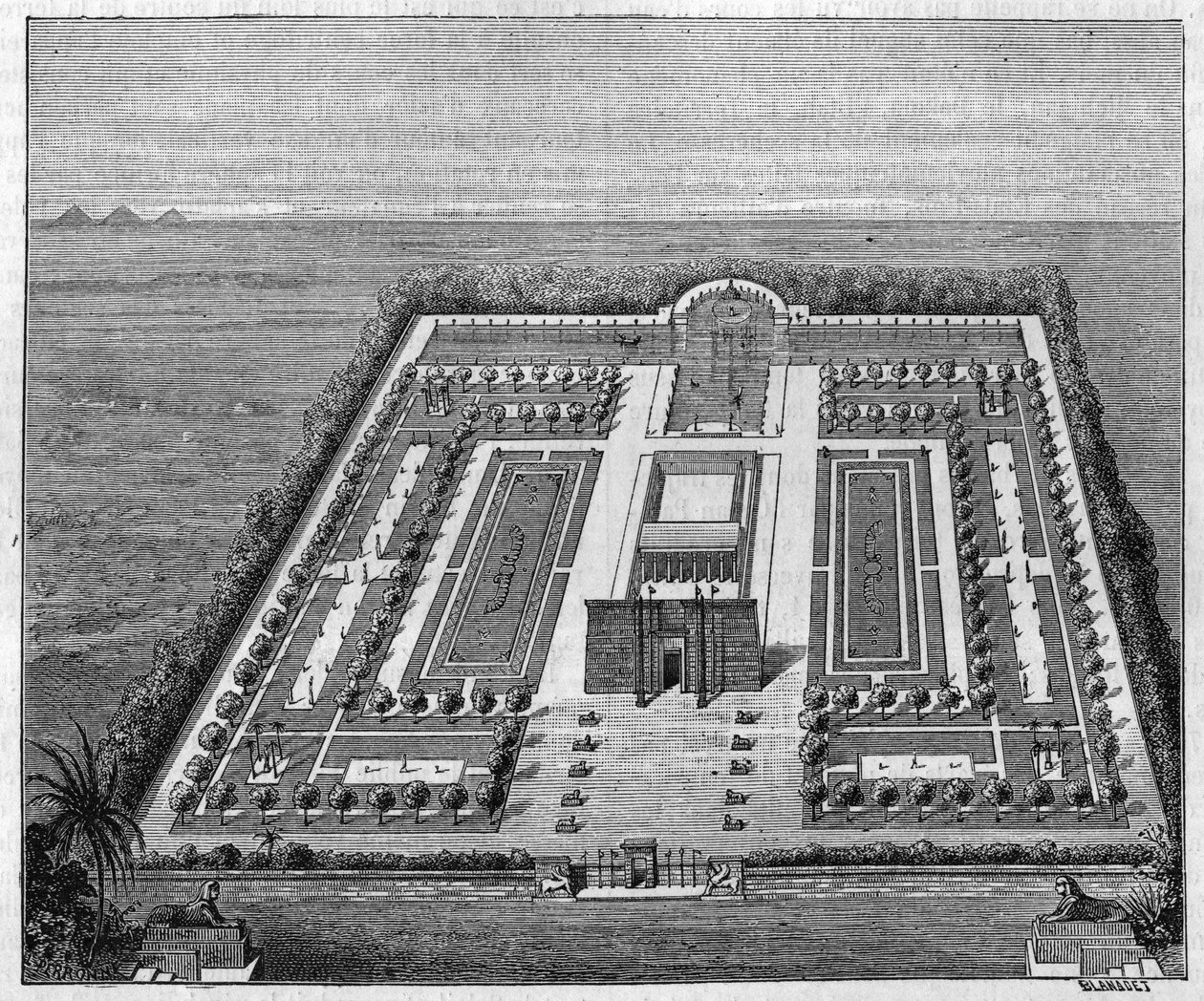 Jardim egípcio no tempo dos faraós. Gravura em "La Nature: Revue des sciences et de leurs applications aux arts et a l